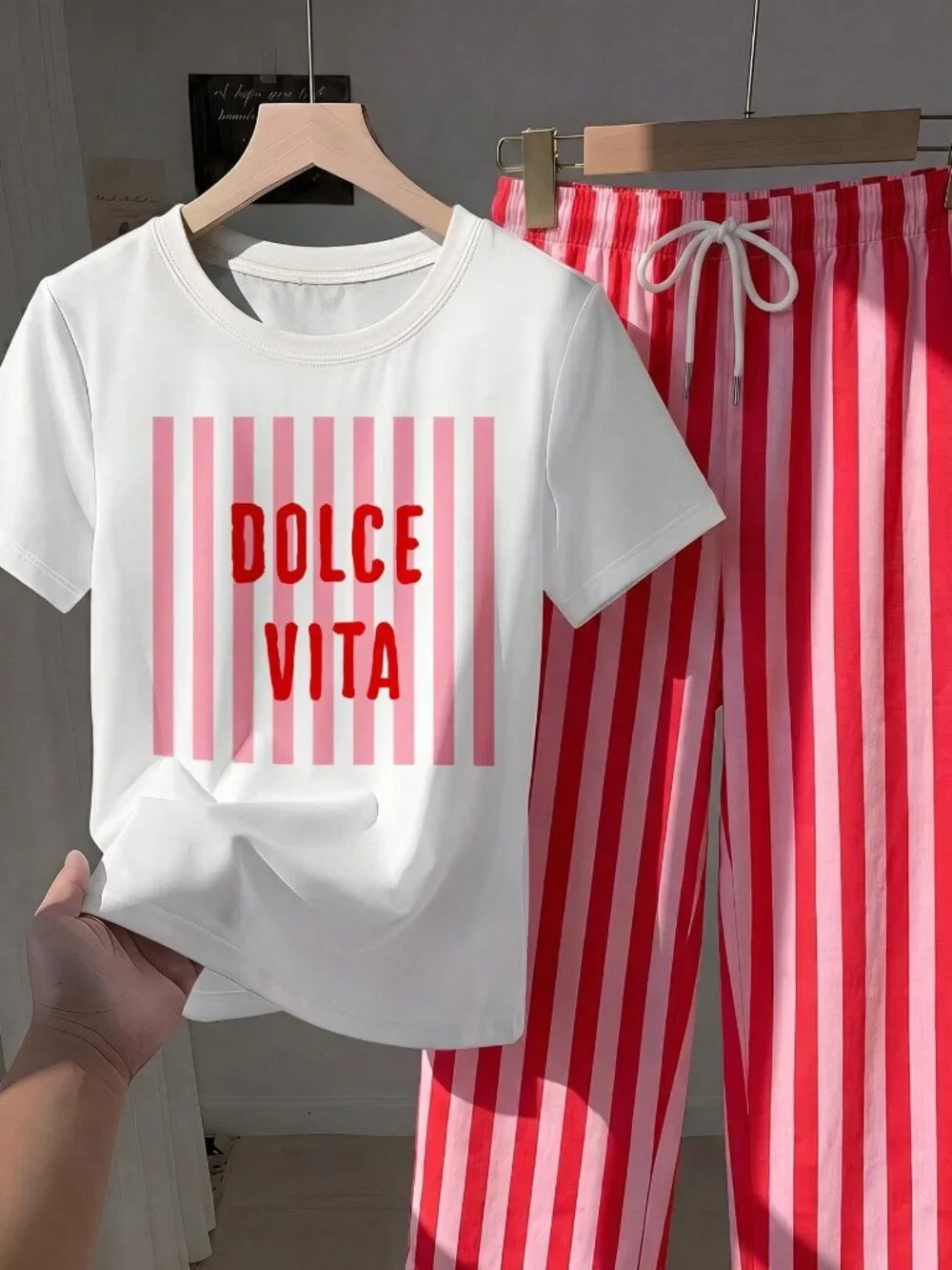 Multicolor Casual Women's Short Sleeve T-Shirt And Striped Pants Set